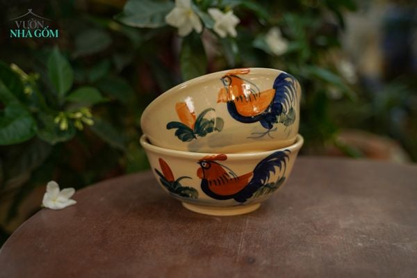  CBLT, Tô Cơm Trung/ Lớn Họa Tiết Vẽ Gà - Chén Bát Lái Thiêu - Tô Bún, Tô Mì. 