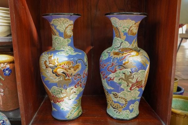  Song Long Quần Mây, nền men tím hổ vàng, H43cm, gốm mỹ nghệ Nam Bộ- SP001936 