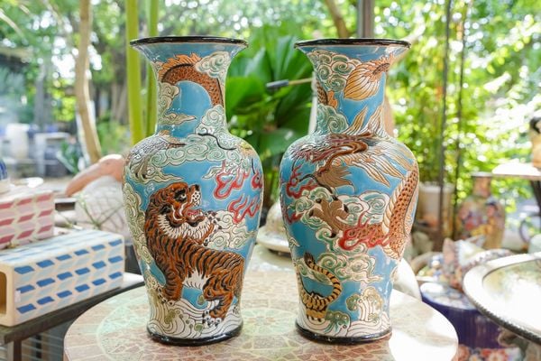  Bình Long tranh Hổ đấu, nền men kem tím hổ đỏ, H43cm, gốm mỹ nghệ Nam Bộ- SP001936 