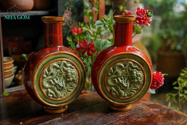  Bình Mặt Trăng đồ án Rồng Việt gặp gỡ Chim thần Kinnari, gốm Thủ Biên, C30 x R20cm- SP002808 