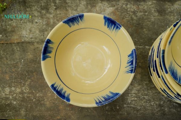  Tô tượng vẽ họa tiết phết xanh, tô đựng canh, bún, chén bát Lái Thiêu nung gas, R20 x C7 cm-SP001919 