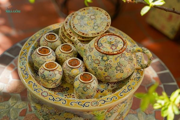  Bộ bình trà khắc họa tiết Bách hoa, thực hiện thủ công, gốm Thủ Biên làm quà tặng-SP001867 
