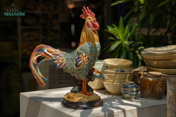  Tượng Gà Trống thủ công mỹ nghệ, màu xanh đồng trổ, gốm Nam Bộ, C38xD30cm- SP002741 