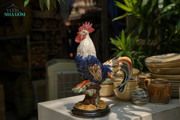  Tượng Gà Trống thủ công mỹ nghệ, màu xanh cobalt, gốm Nam Bộ, C38xD30cm- SP002741 