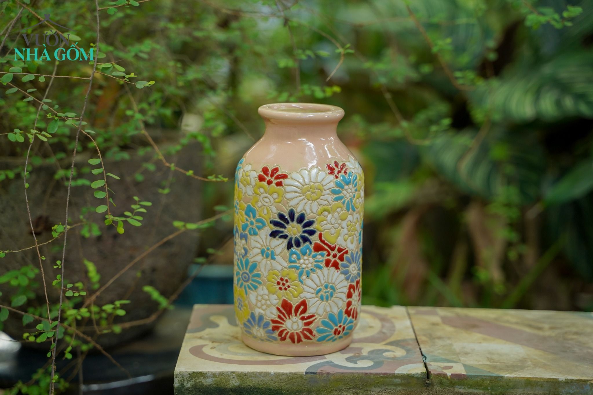 Bình cắm hoa, họa tiết khắc chìm Bách Hoa, C21xR7, gốm mỹ nghệ 