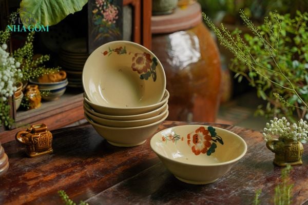  Tô tượng vẽ tay họa tiết bông nâu, chén bát Lái Thiêu, R21xC7,5cm- SP002489 