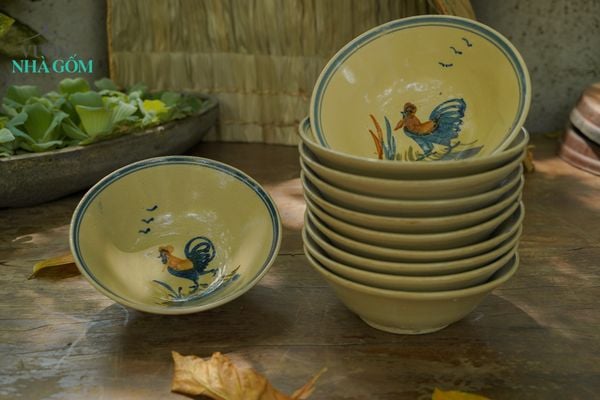  Tô tượng vẽ tay họa tiết con gà, tô mộc nung lò củi, chén bát Lái Thiêu, C7xR20 cm- 0709t3g061 