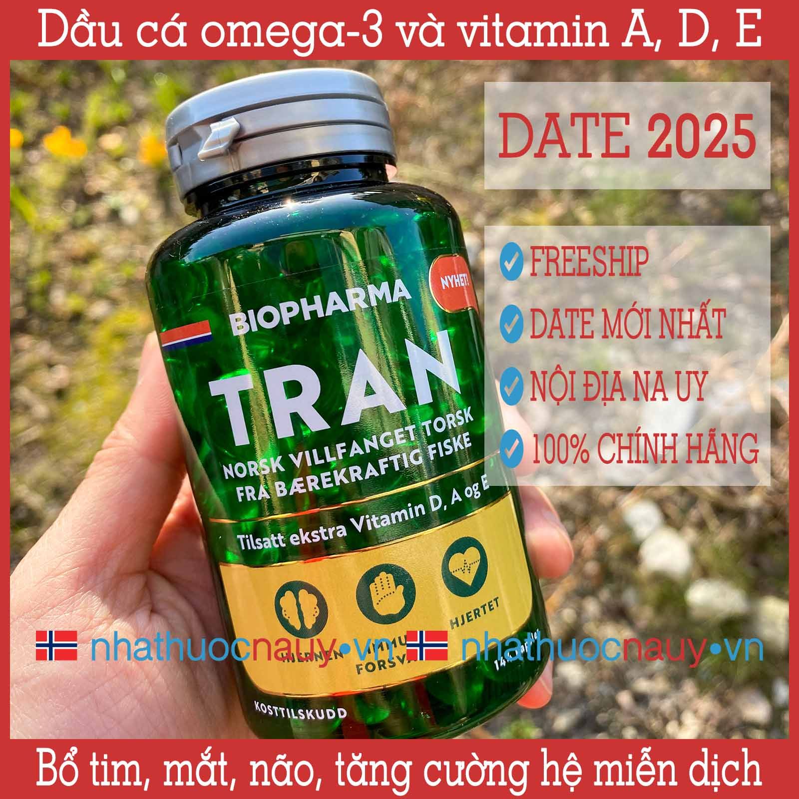 Biopharma Tran Dầu cá tuyết omega3 và vitamin A, D, E từ Na Uy