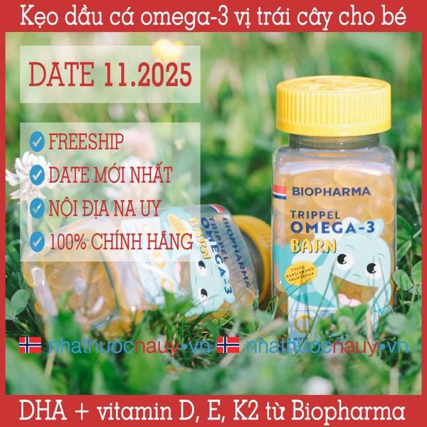  Dầu cá omega-3 và vitamin vị trái cây cho bé | Biopharma Trippel Omega-3 Barn 