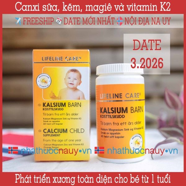 Lifeline Care Kalsium Barn | Canxi sữa + K2 cho bé từ 1 tuổi từ Na Uy