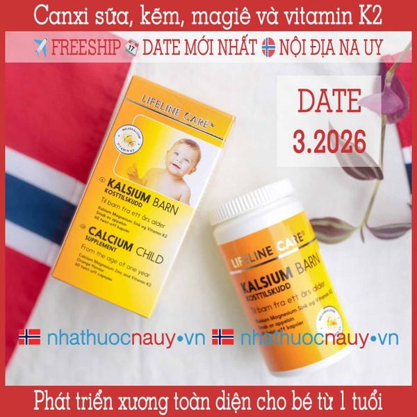 Lifeline Care Kalsium Barn | Canxi sữa + K2 cho bé từ 1 tuổi từ Na Uy