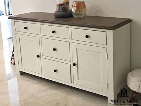  TỦ SIDEBOARD TRANG TRÍ GỖ THÔNG MÀU TRẮNG KEM HANDLE 