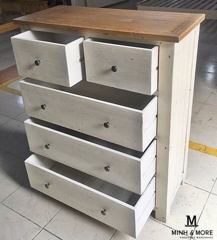  TỦ HỘC GỖ THÔNG TRẮNG GLAZE XÁM KOALA 