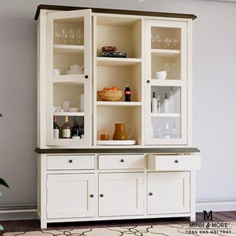  TỦ BUFFET TỦ TRANG TRÍ GỖ THÔNG MÀU TRẮNG KEM HANDLE 