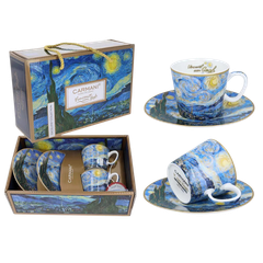 Set 2 ly và đĩa sứ Carmani Set of 2 espresso cups - V. van Gogh Starry night - 100ml