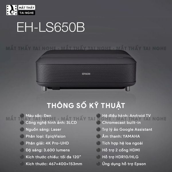 Epson EH-LS650 - Máy chiếu siêu gần 4K thông minh tích hợp Android TV, độ phân giải chuẩn 4K UHD 3840x2160p, độ sáng 3.600 lumen, tương phản siêu cao 2.500.000:1