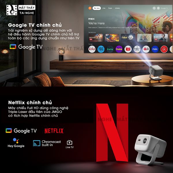 JMGO N1s Quốc tế - Máy chiếu thông minh tích hợp Google TV và hỗ trợ Netflix chính chủ, độ phân giải Full HD 1920x1080p, độ sáng 900 ansi lumens