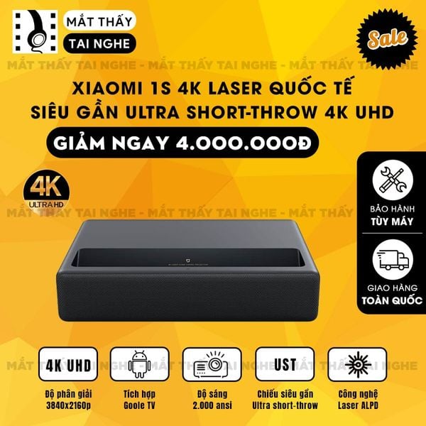 Xiaomi 1S 4K Laser Quốc tế - Máy chiếu siêu gần 4K thông minh tích hợp Goole TV, độ phân giải chuẩn 4K UHD 3840x2160p, độ sáng 2.000 ansi, phiên bản chuẩn Quốc tế