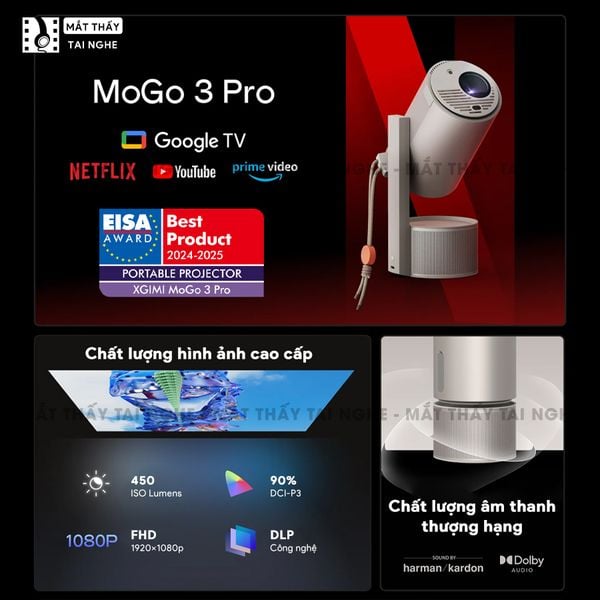 Xgimi Mogo 3 Pro - Máy chiếu thông minh tích hợp Google TV quốc tế, sử dụng công nghệ DLP, độ sáng 450 ISO lumens, độ phân giải chuẩn Full HD cho hình ảnh và màu sắc cực đẹp
