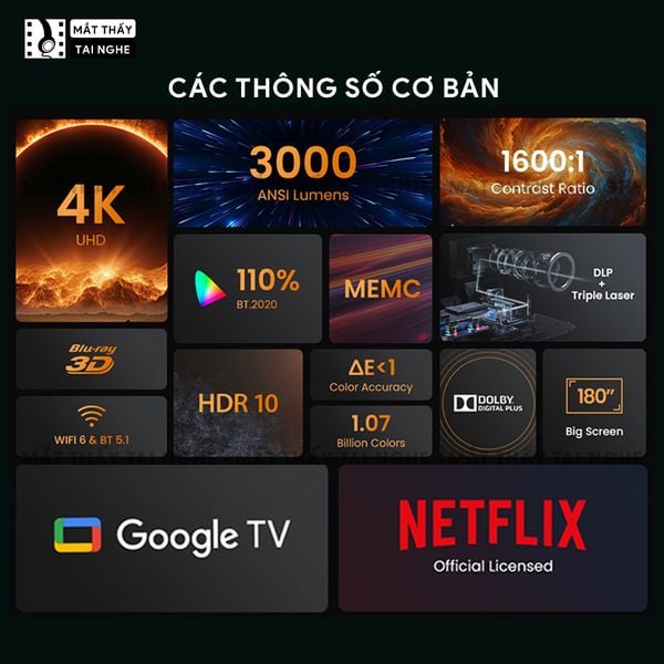 JMGO N1s Ultra Quốc tế - Máy chiếu thông minh tích hợp Google TV và hỗ trợ Netflix chính chủ, độ phân giải 4K UHD 3840x2160p, độ sáng 3.000 Ansi lumens