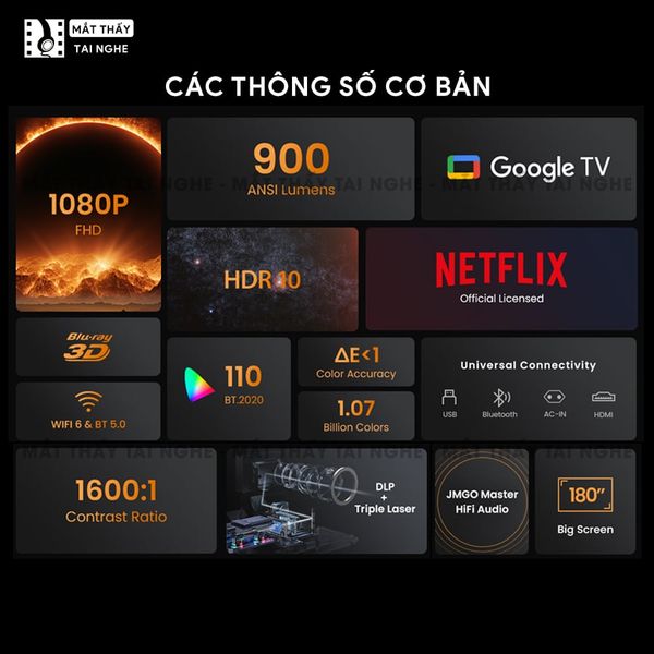 JMGO N1s Quốc tế - Máy chiếu thông minh tích hợp Google TV và hỗ trợ Netflix chính chủ, độ phân giải Full HD 1920x1080p, độ sáng 900 ansi lumens