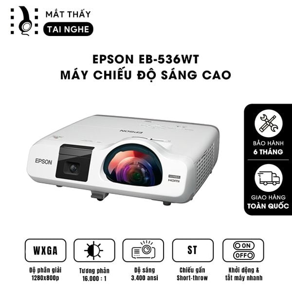 Epson EB-536wt - 99% - Máy chiếu gần tương tác cảm ứng, độ sáng 3.400 ansi lumens, độ phân giải WXGA 1280x800p, tương phản cực cao 16.000:1, hỗ trợ bút cảm ứng và kết nối không dây tiện lợi