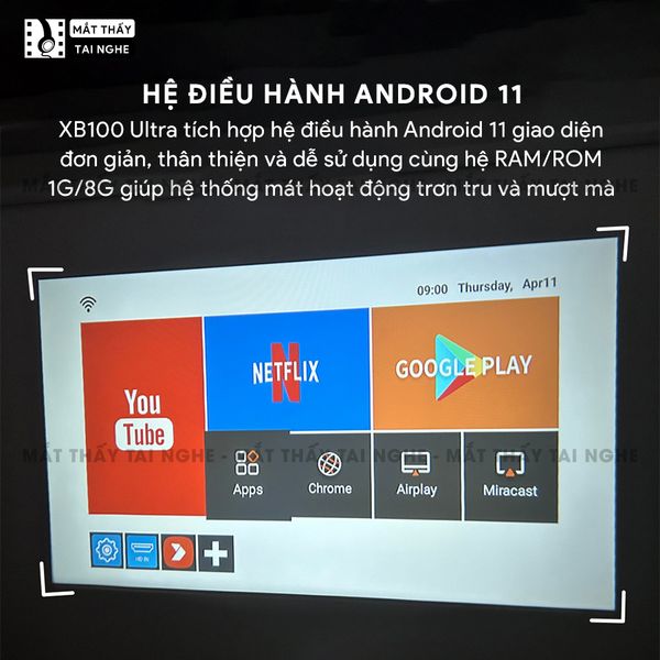 Xview XB100 Ultra - Máy chiếu mini giá rẻ tích hợp Hệ điều hành Android, độ sáng 250 ansi lumens, độ phân giải HD720p, hỗ trợ đầu vào 4K UHD và chỉnh nghiêng tự động theo chiều dọc