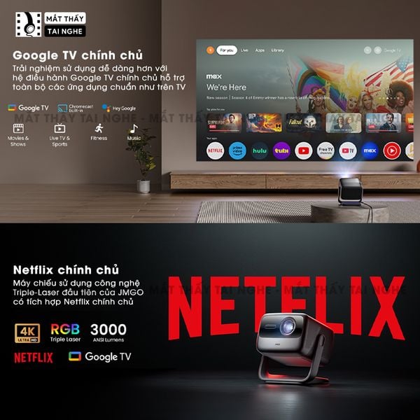JMGO N1s Ultra Quốc tế - Máy chiếu thông minh tích hợp Google TV và hỗ trợ Netflix chính chủ, độ phân giải 4K UHD 3840x2160p, độ sáng 3.000 Ansi lumens