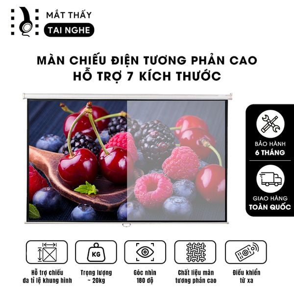 Màn chiếu điện tương phản cao tự động chất liệu PVC chất lượng cao, cho hình ảnh sắc nét, chuyên dụng cho mọi loại máy chiếu, hỗ trợ 7 kích thước