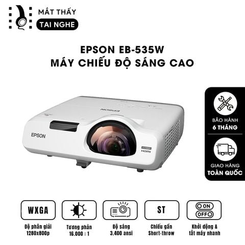 Epson EB-535w - 99% - Máy chiếu gần tương tác cảm ứng, độ sáng 3.400 ansi lumens, độ phân giải WXGA 1280x800p, tương phản cực cao 16.000:1, hỗ trợ bút cảm ứng và kết nối không dây tiện lợi