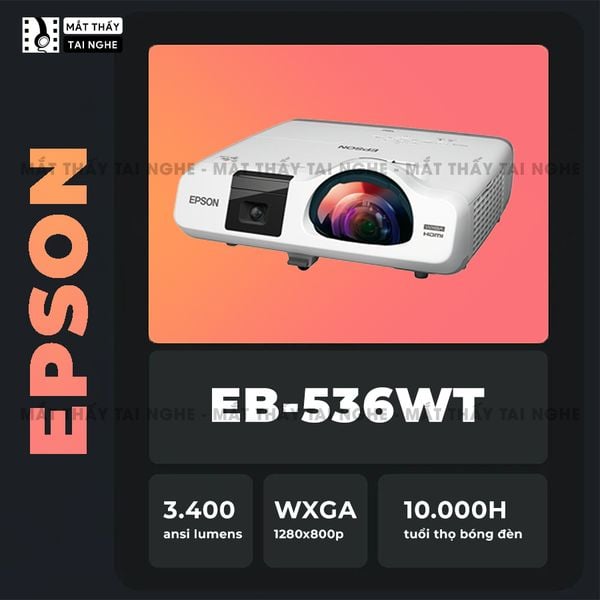 Epson EB-536wt - 99% - Máy chiếu gần tương tác cảm ứng, độ sáng 3.400 ansi lumens, độ phân giải WXGA 1280x800p, tương phản cực cao 16.000:1, hỗ trợ bút cảm ứng và kết nối không dây tiện lợi