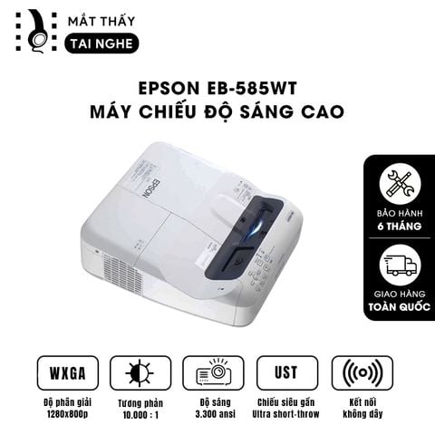 Epson EB-585wt - 99% - Máy chiếu siêu gần, độ sáng 3.400 ansi lumens, độ phân giải WXGA 1280x800p, tương phản cực cao 10.000:1, hỗ trợ kết nối không dây tiện lợi