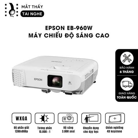 Epson EB-960W - 99% - Máy chiếu WXGA 1280x800p, độ sáng 3.800 ansi, tương phản 15.000:1, hình ảnh nét đẹp, hỗ trợ trình chiếu dạy học & văn phòng cực sáng rõ