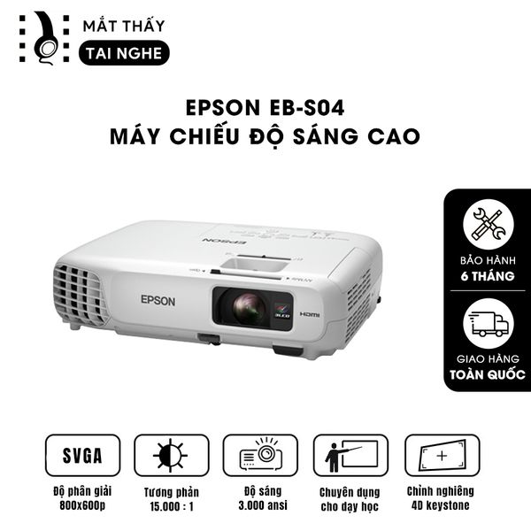 Epson EB-S04 - 99% - Máy chiếu SVGA 800x600p, độ sáng 3.000 ansi, tương phản 15.000:1, hình ảnh nét đẹp, hỗ trợ trình chiếu dạy học & văn phòng cực sáng rõ