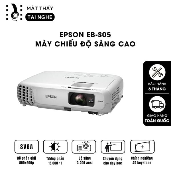 Epson EB-S05 - 99% - Máy chiếu SVGA 800x600p, độ sáng 3.200 ansi, tương phản 15.000:1, hình ảnh nét đẹp, hỗ trợ trình chiếu dạy học & văn phòng cực sáng rõ