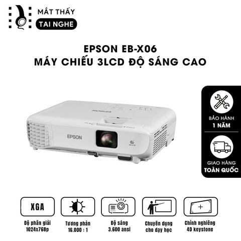 Epson EB-X06 - Máy chiếu XGA 1024x768p, độ sáng 3.600 ansi, tương phản 16.000:1, hình ảnh nét đẹp, hỗ trợ trình chiếu dạy học & văn phòng cực sáng rõ