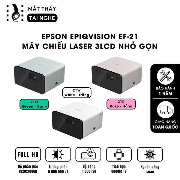 Epson EF-21 - Máy chiếu Laser mini thông minh tích hợp Google, sử dụng công nghệ 3LCD độc quyền, độ sáng 1000 ISO lumens, độ phân giải chuẩn Full HD, tương phản 5.000.000:1 cho hình ảnh và màu sắc cực đẹp