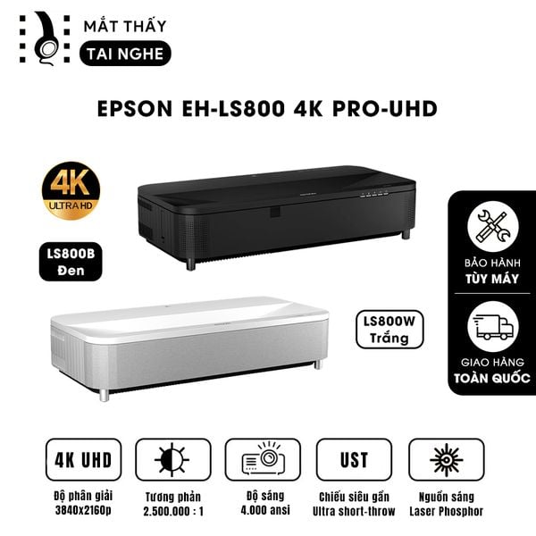 Epson EH-LS800 - Máy chiếu siêu gần 4K thông minh tích hợp Android TV, độ phân giải chuẩn 4K UHD 3840x2160p, độ sáng 4.000 ansi, tương phản siêu cao 2.500.000:1