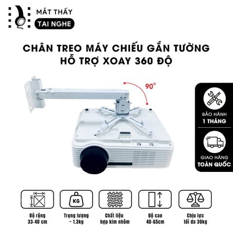 Chân treo máy chiếu gắn tường & trần xoay 360 độ - Độ dài tùy chỉnh 40 - 65cm, loại cao cấp, chất liệu dày dặn, chắc chắn, hỗ trợ sử dụng với đa dạng các loại máy chiếu