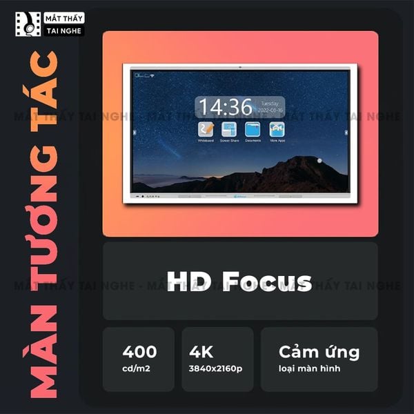 Màn hình tương tác HD Focus 110 inch - Màn hình phân giải chuẩn 4K UHD sắc nét, độ sáng cao, tương phản tốt, góc nhìn 178 độ, cảm ứng hồng ngoại đa điểm cực nhạy