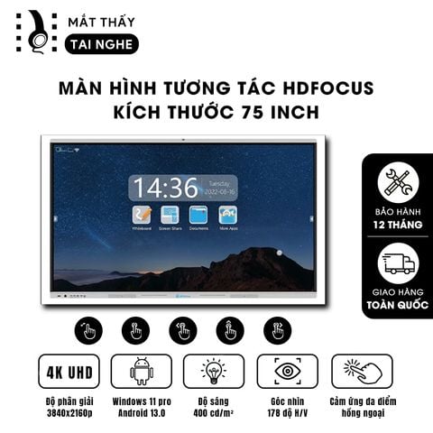Màn hình tương tác HD Focus 75 inch - Màn hình phân giải chuẩn 4K UHD sắc nét, độ sáng cao, tương phản tốt, góc nhìn 178 độ, cảm ứng hồng ngoại đa điểm cực nhạy