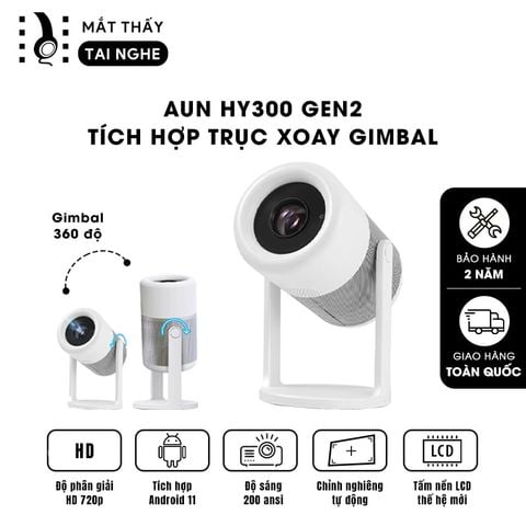 AUN HY300 Gen2 - Máy chiếu mini giá rẻ, độ phân giải thực HD 720p, độ sáng 200 ansi lumens, tích hợp Android và tính năng Auto keystone chỉnh nghiêng tự động, kết nối điện thoại linh hoạt