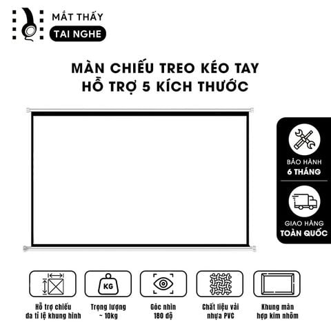 Màn chiếu kéo tay có khung nẹp cuộn chất liệu PVC chất lượng cao, cho hình ảnh sắc nét, chuyên dụng cho mọi loại máy chiếu, hỗ trợ trình chiếu đa tỉ lệ, kích thước 100inch 120inch 140inch 150inch