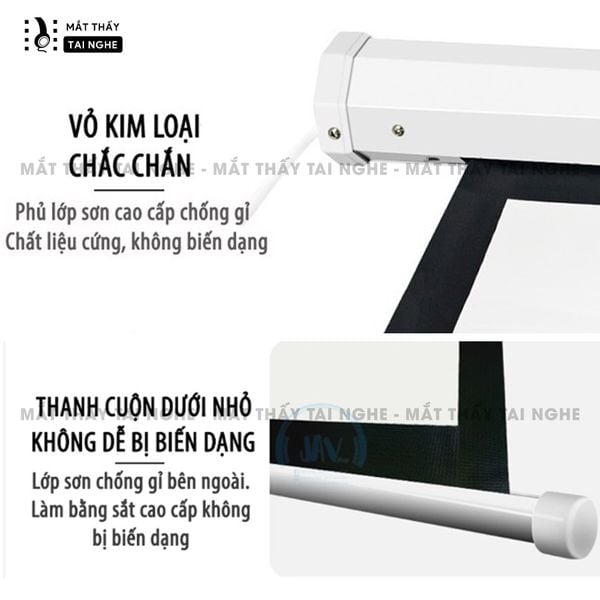 Màn chiếu kéo tay có khung nẹp cuộn chất liệu PVC chất lượng cao, cho hình ảnh sắc nét, chuyên dụng cho mọi loại máy chiếu, hỗ trợ trình chiếu đa tỉ lệ, kích thước 100inch 120inch 140inch 150inch