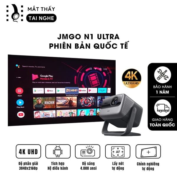 JMGO N1 Ultra Quốc tế - Máy chiếu 4K UHD thông minh tích hợp Android TV 11 và độ phân giải 4K UHD 3840x2160p , độ sáng 4.000 Ansi lumens, chip xử lý Mediatek 9629 siêu mạnh