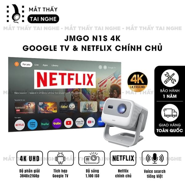 JMGO N1s 4K - Máy chiếu thông minh tích hợp Google TV và hỗ trợ Netflix chính chủ, độ phân giải 4K UHD 3840x2160p, độ sáng 1.100 ISO lumens