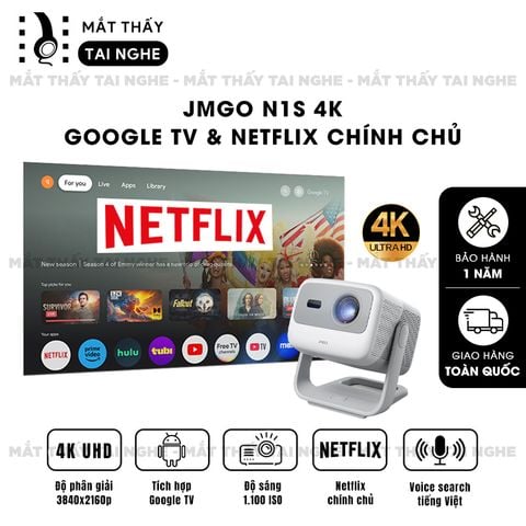 JMGO N1s 4K - Máy chiếu thông minh tích hợp Google TV và hỗ trợ Netflix chính chủ, độ phân giải 4K UHD 3840x2160p, độ sáng 1.100 ISO lumens
