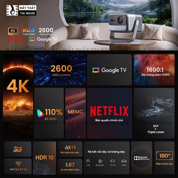 JMGO N1s Infinity 4K - Máy chiếu thông minh tích hợp Google TV và hỗ trợ Netflix chính chủ, độ phân giải 4K UHD 3840x2160p, độ sáng 2.600 Ansi lumens