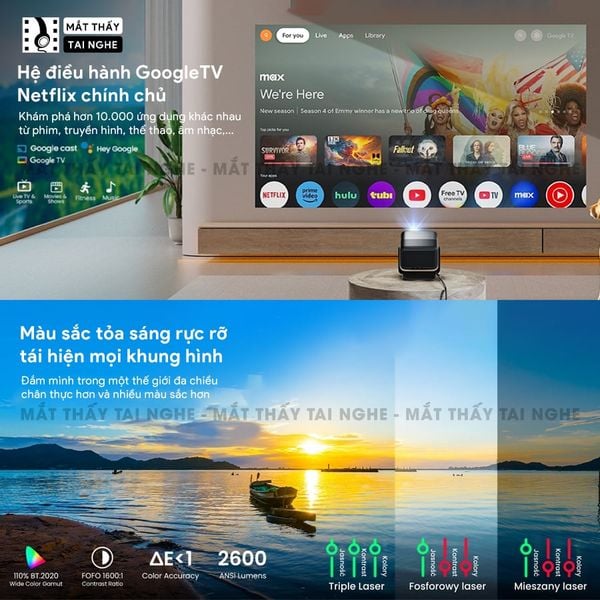 JMGO N1s Infinity 4K - Máy chiếu thông minh tích hợp Google TV và hỗ trợ Netflix chính chủ, độ phân giải 4K UHD 3840x2160p, độ sáng 2.600 Ansi lumens