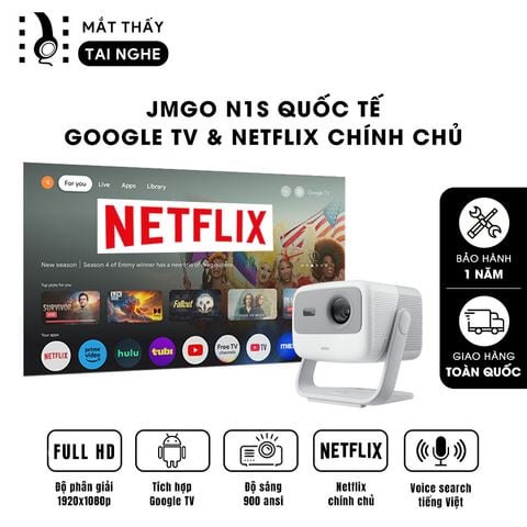 JMGO N1s Quốc tế - Máy chiếu thông minh tích hợp Google TV và hỗ trợ Netflix chính chủ, độ phân giải Full HD 1920x1080p, độ sáng 900 ansi lumens